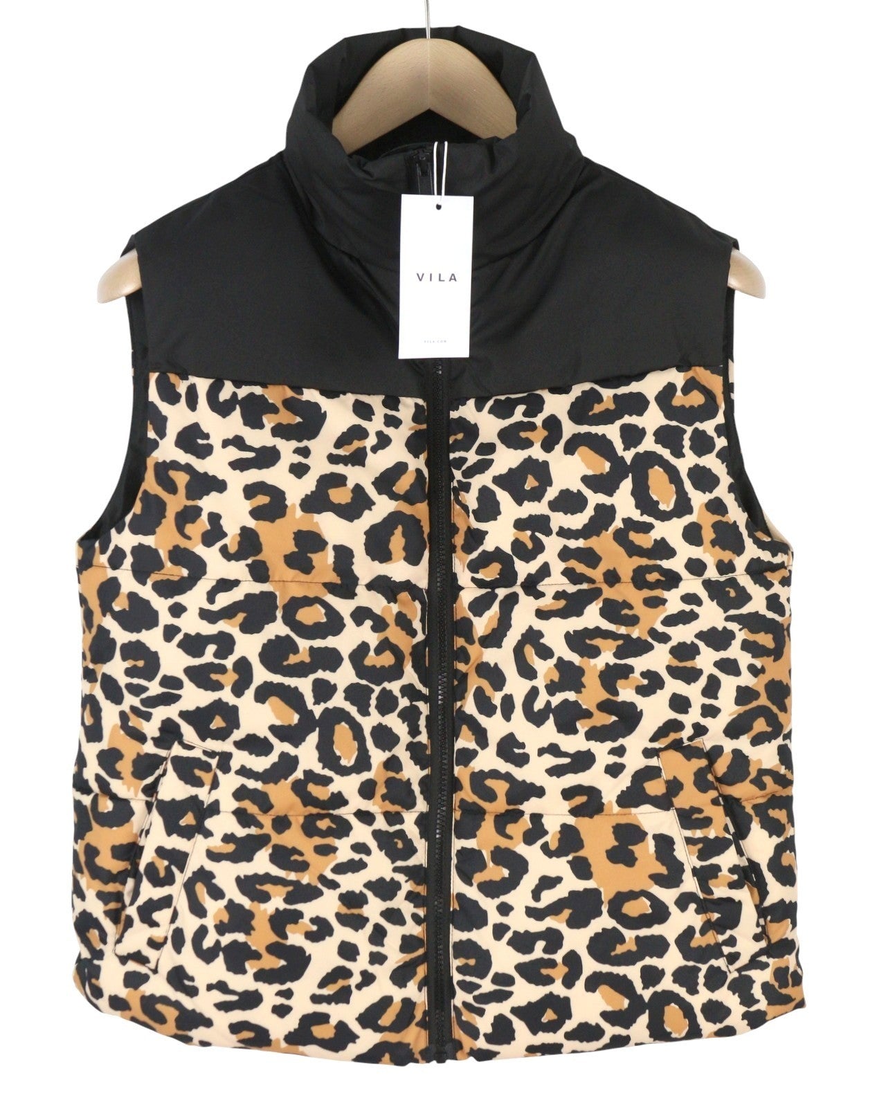VILA Maja High Neck Women Waistcoat EU34 Black Leopard Print Quilted Padded