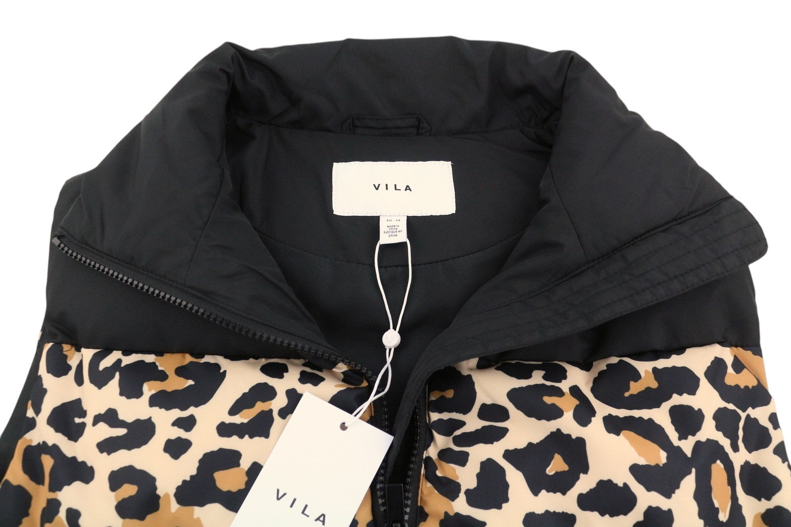 VILA Maja High Neck Women Waistcoat EU34 Black Leopard Print Quilted Padded