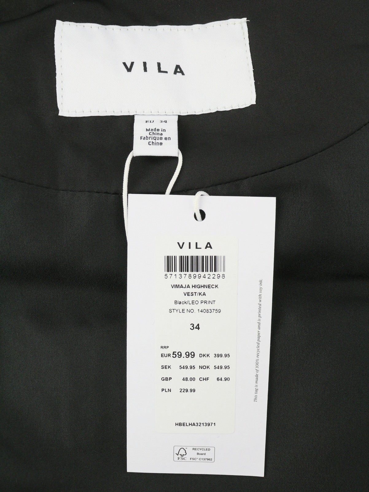 VILA Maja High Neck Women Waistcoat EU34 Black Leopard Print Quilted Padded