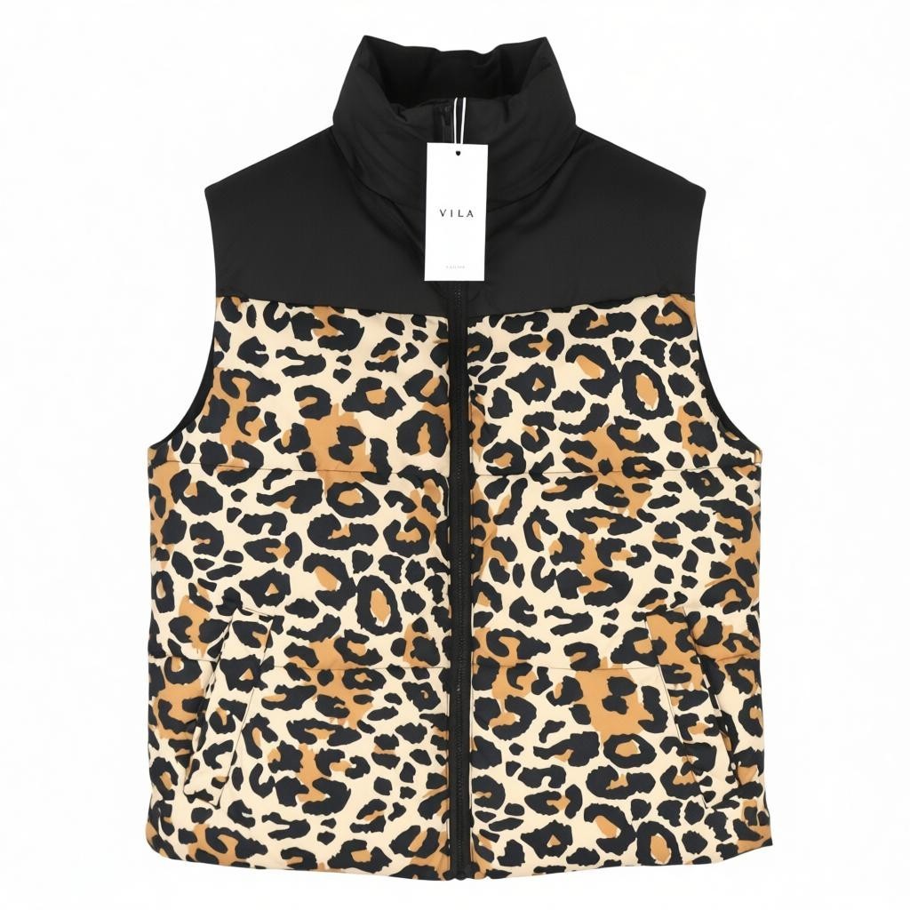 VILA Maja High Neck Women Waistcoat EU40 Black Leopard Print Quilted Padded