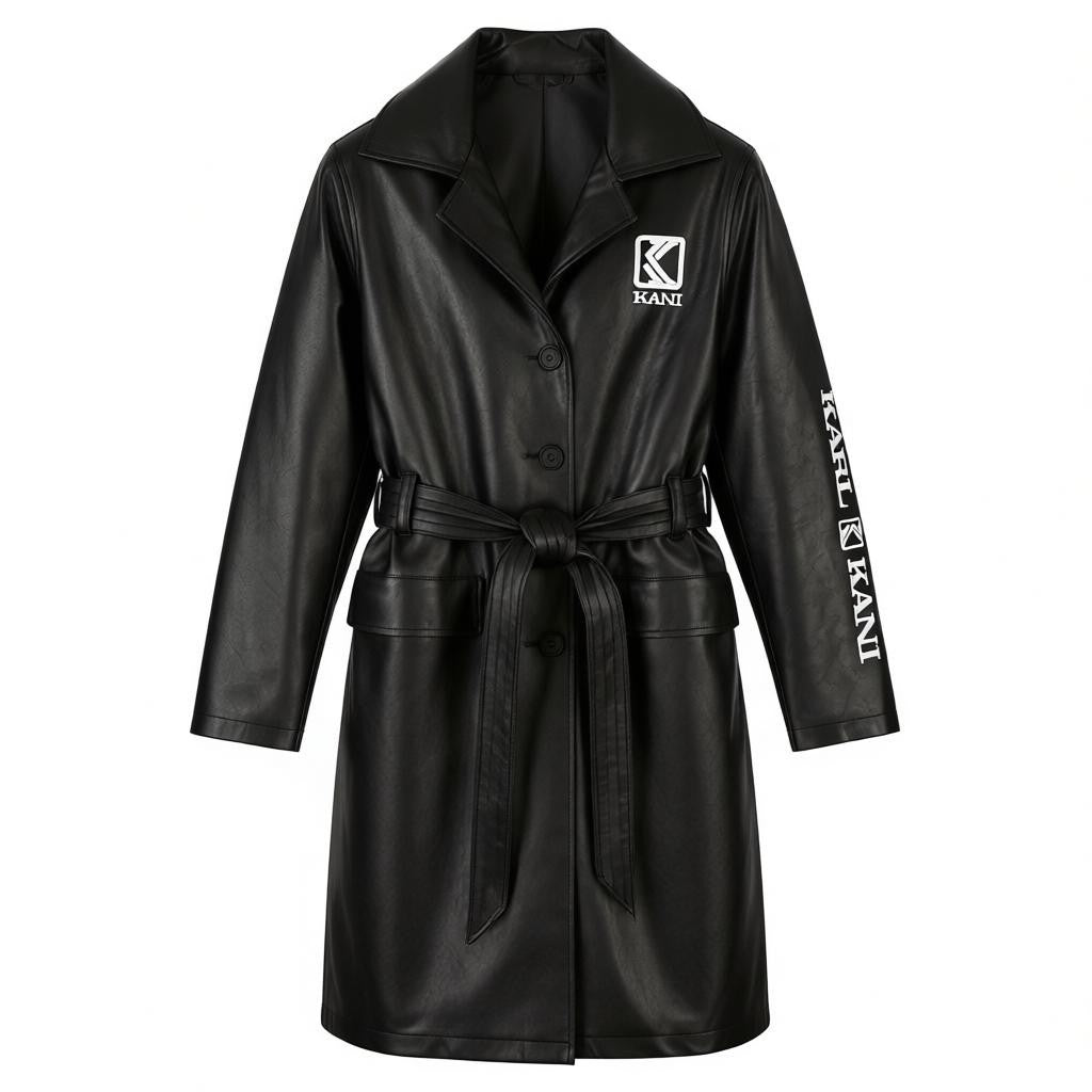 KARL KANI Retro Trench Coat Black Women Jacket M Button-Up Belted Mid-Length
