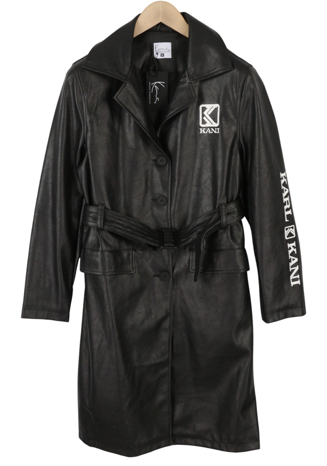 KARL KANI Retro Trench Coat Black Women Jacket M Button-Up Belted Mid-Length