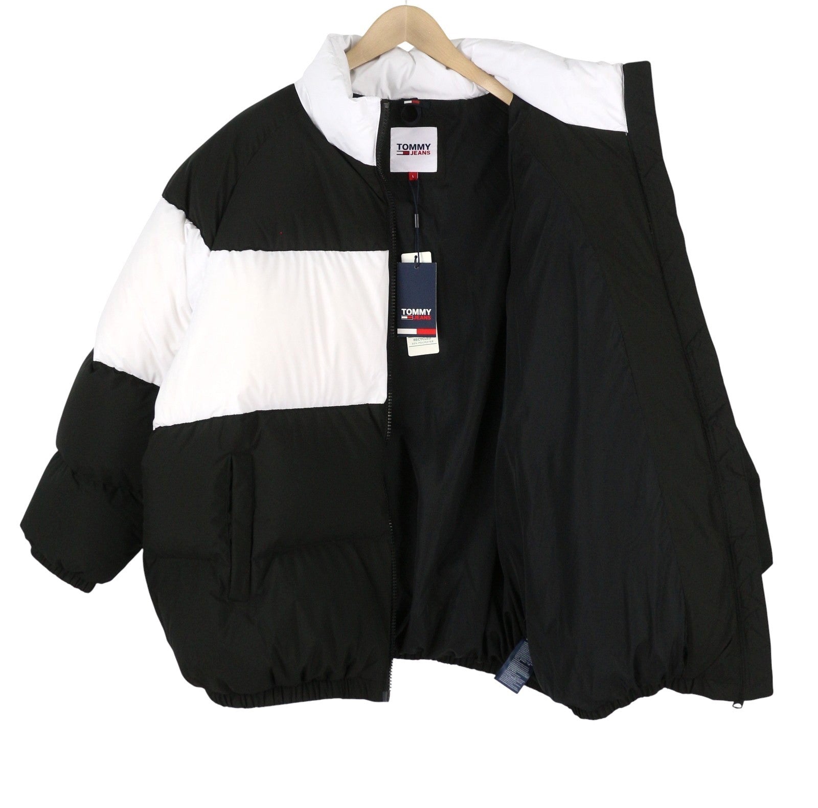 TOMMY HILFIGER Oversize Fashion Puffer Women Jacket L Black Duck Down RRP289