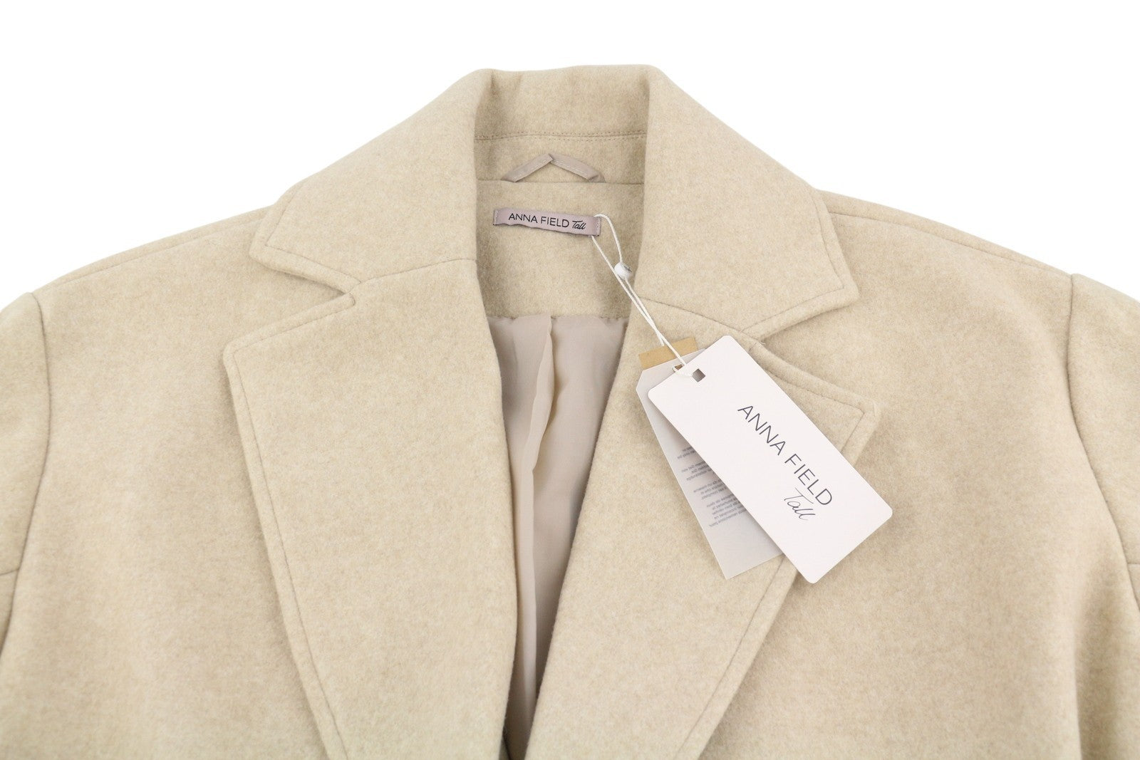 ANNA FIELD Women Coat L TALL Beige Melange Notch Lapel Belted Mid-Length
