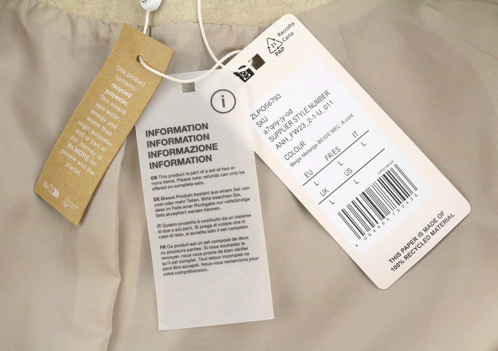 ANNA FIELD Women Coat L TALL Beige Melange Notch Lapel Belted Mid-Length