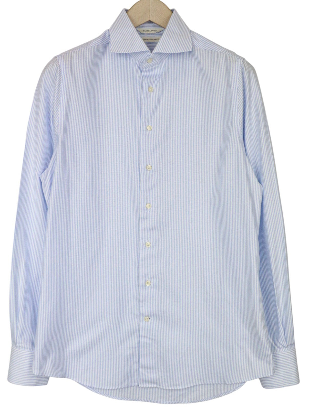 SUITSUPPLY Men's Formal Shirt 40/15 3/4 Extra Slim Blue Cotton Striped Cutaway