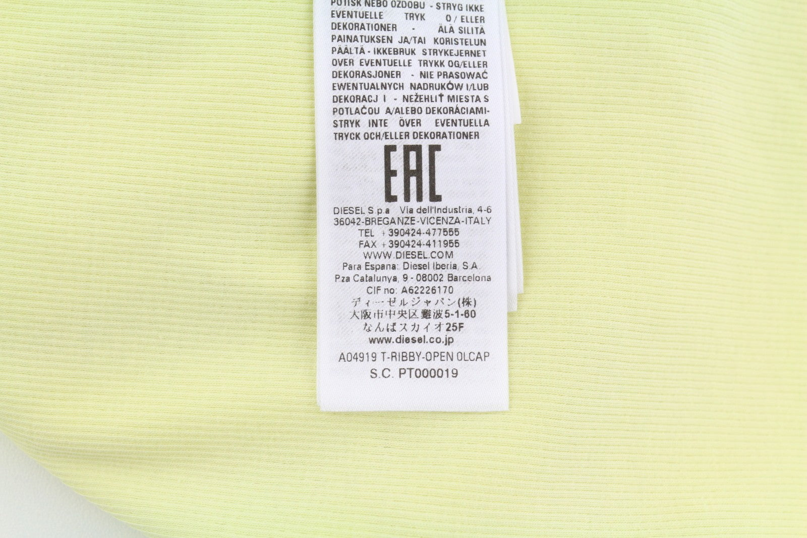 DIESEL T-Ribby-Open Women's T-Shirt M Yellow Buttoned Cropped Rib Knit