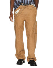 LE PERE Peek-A-Boo Denim Men Trousers W34 Beige Wrinkled Khaki Cargo RRP550