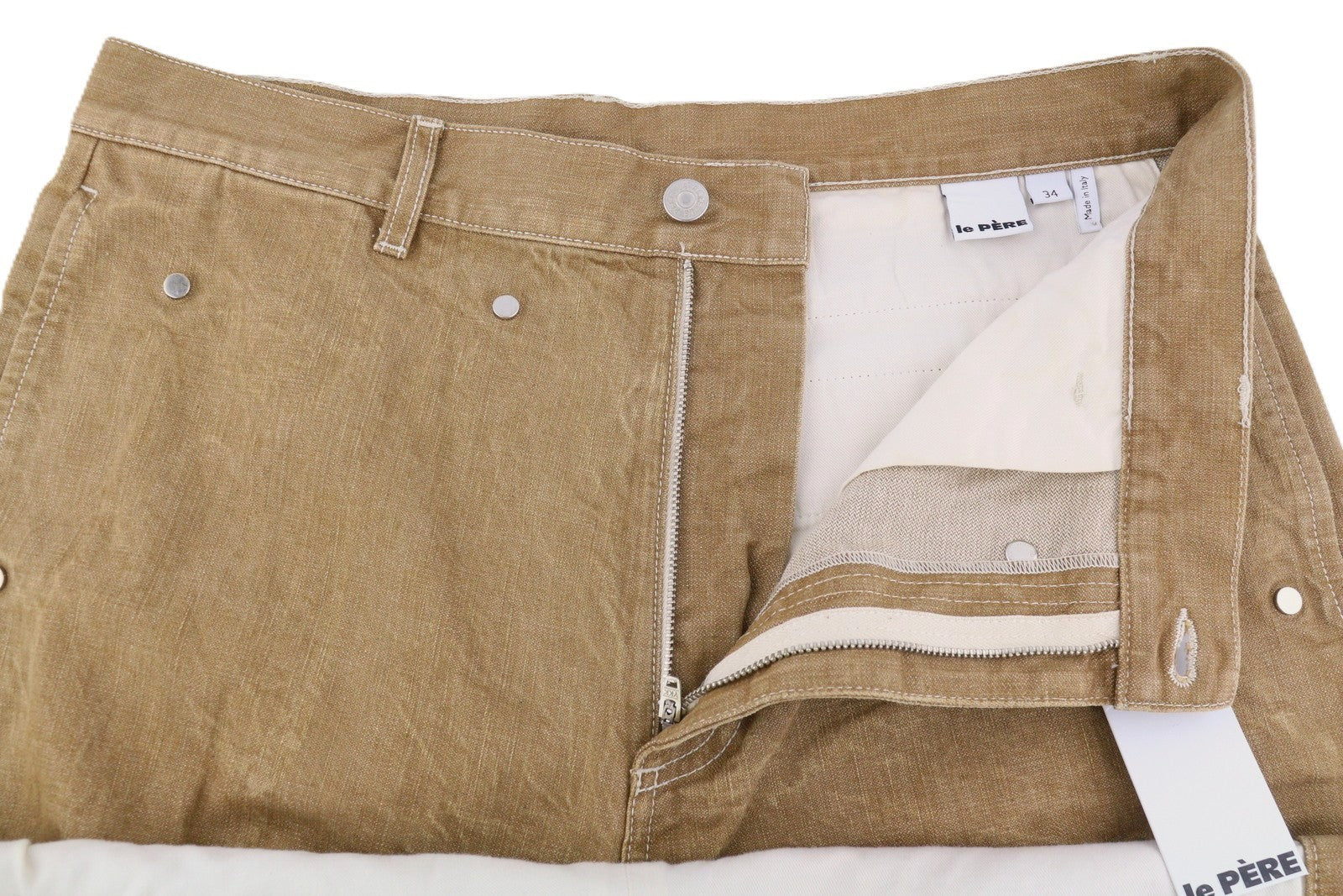 LE PERE Peek-A-Boo Denim Men Trousers W34 Beige Wrinkled Khaki Cargo RRP550