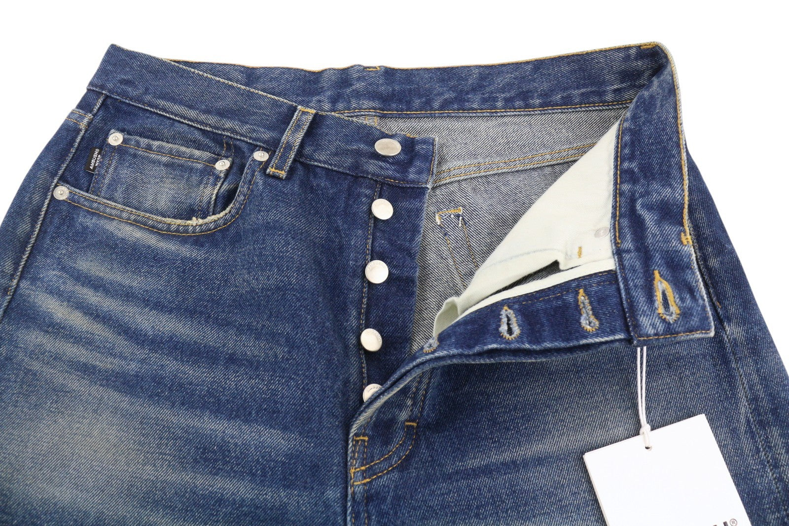 AMBUSH Men Jeans W30 Blue Faded Washed Whiskers Slim Fit Button Fly Logo Denim