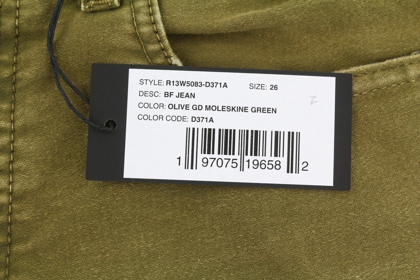 R13 Boyfriend Women Trousers 26 Olive Garment Dyed Moleskin Cropped Faded FW25