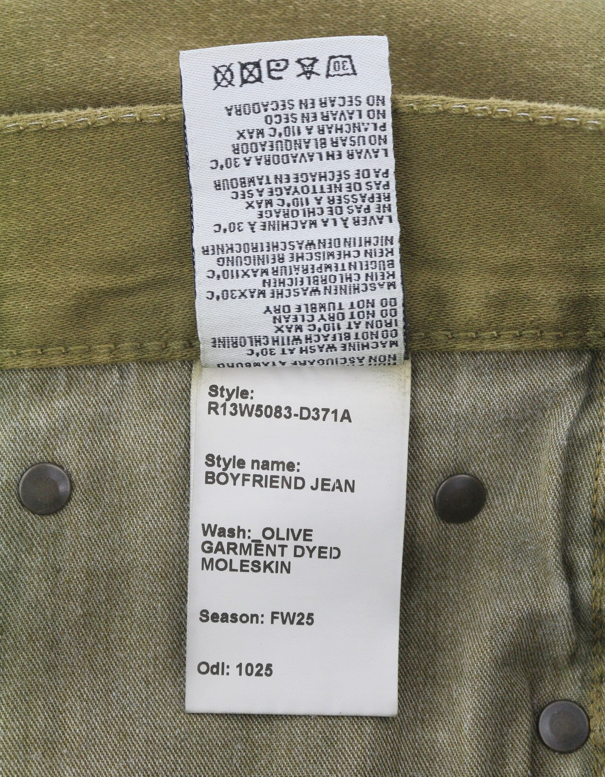 R13 Boyfriend Women Trousers 26 Olive Garment Dyed Moleskin Cropped Faded FW25