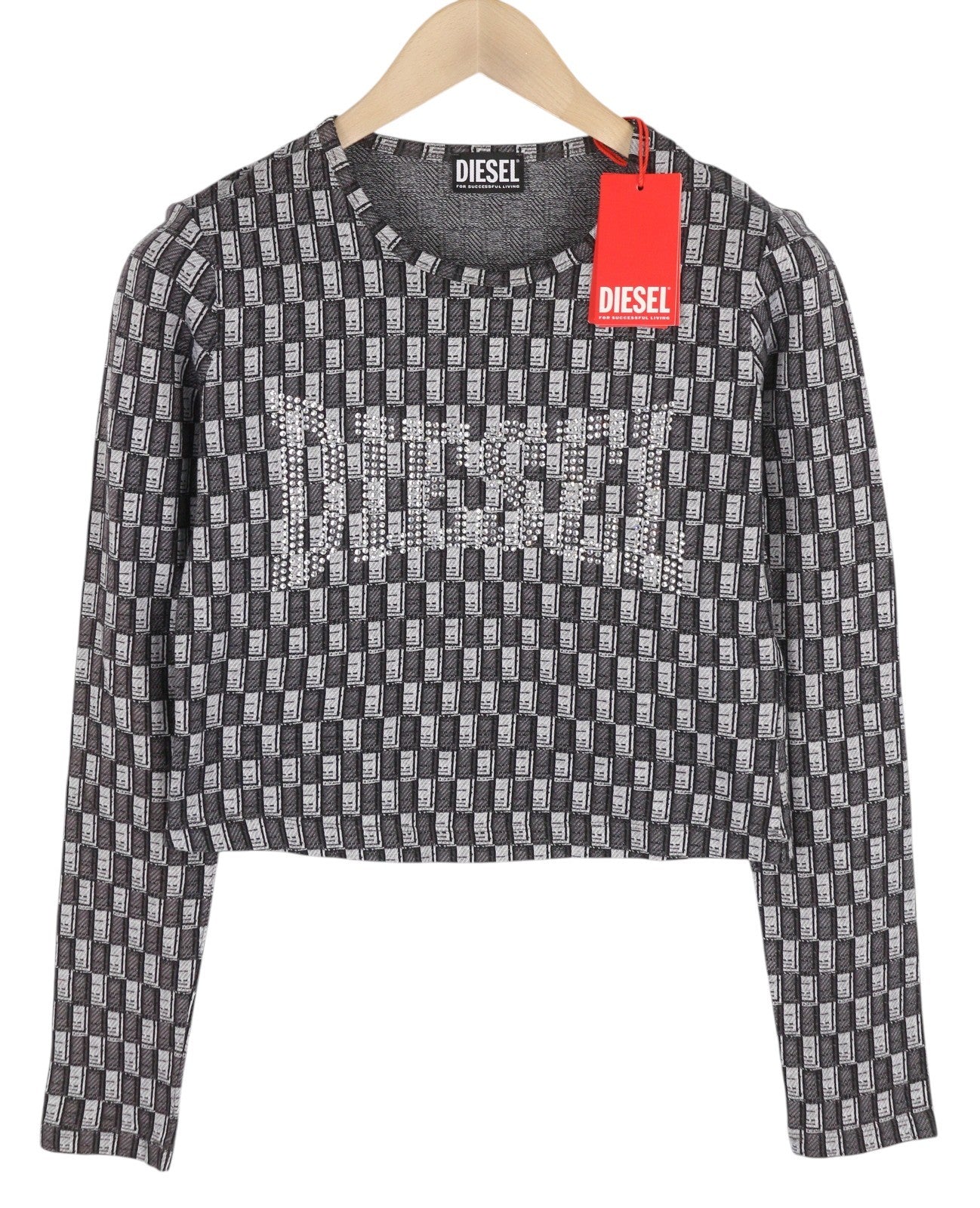 DIESEL T-Inacrop Women T-Shirt S Grey Cropped Patterned Rhinestone Long Sleeve