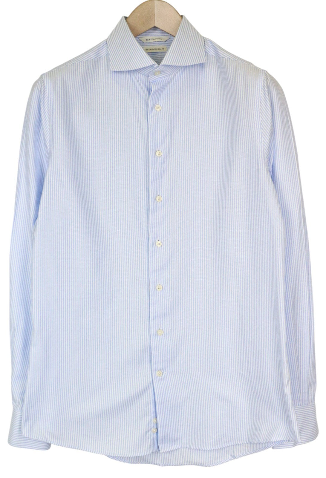 SUITSUPPLY Men's Formal Shirt 40/15 3/4 Extra Slim Blue Cotton Twill Striped
