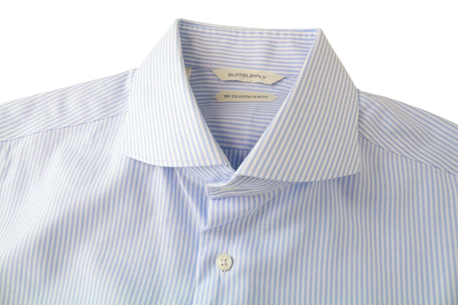 SUITSUPPLY Men's Formal Shirt 40/15 3/4 Extra Slim Blue Cotton Twill Striped