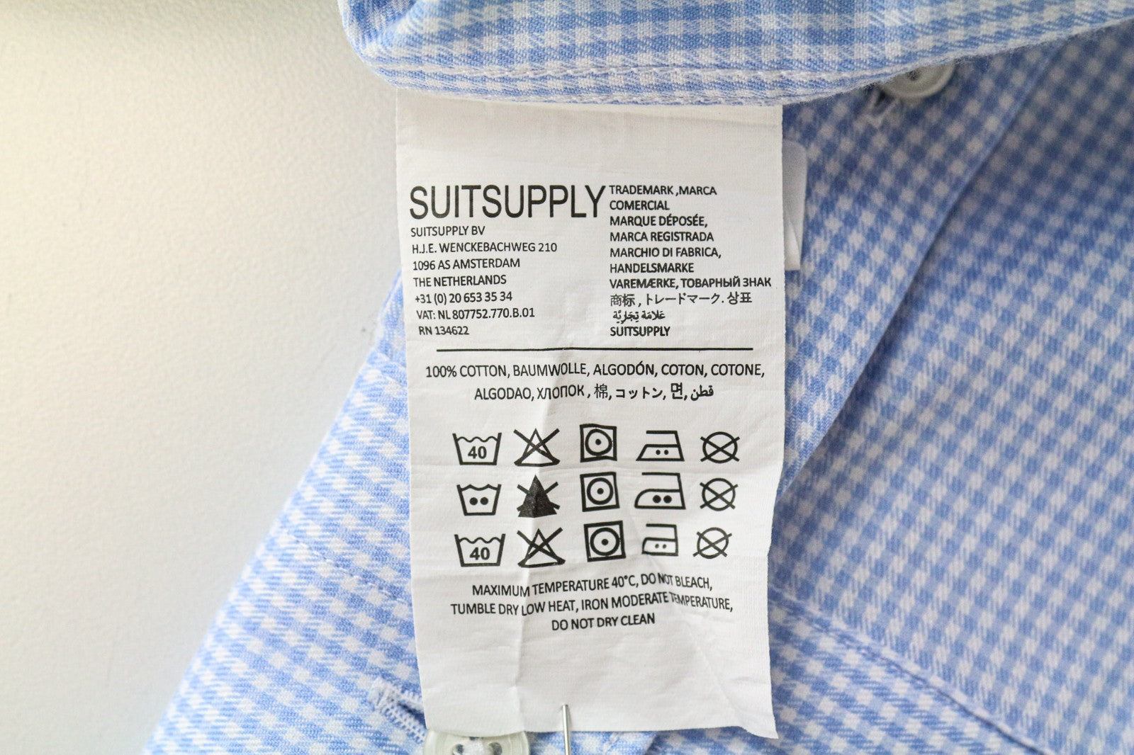 SUITSUPPLY Traveller Men's Shirt 39/15 1/2 Slim Blue Cotton Check Twill