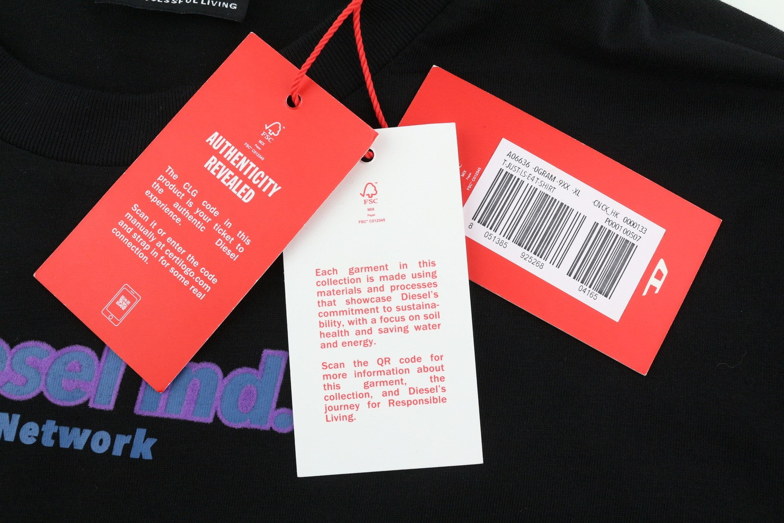 DIESEL T-Just-Ls-E4 Men's T-Shirt XL Black Pattern Print Crew Logo Long Sleeve