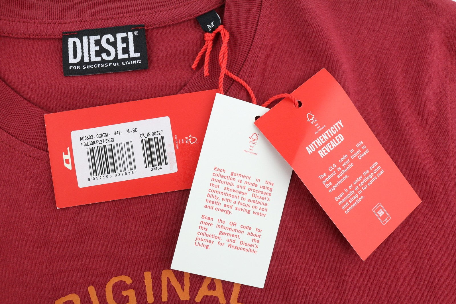 DIESEL T-Diegor-E12 Men's T-Shirt M Red Stretch Tricot Crew Short Sleeve