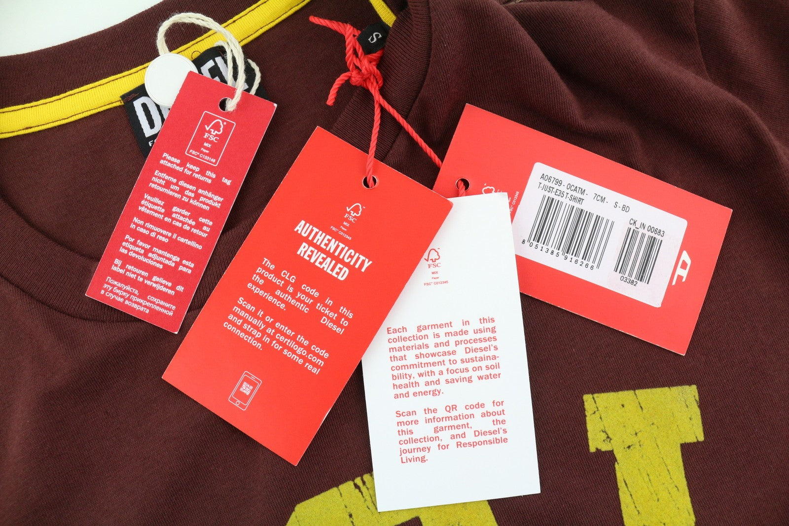 DIESEL T-Just-E35 Men's T-Shirt S Brown Stretch Tricot Crew Short Sleeve