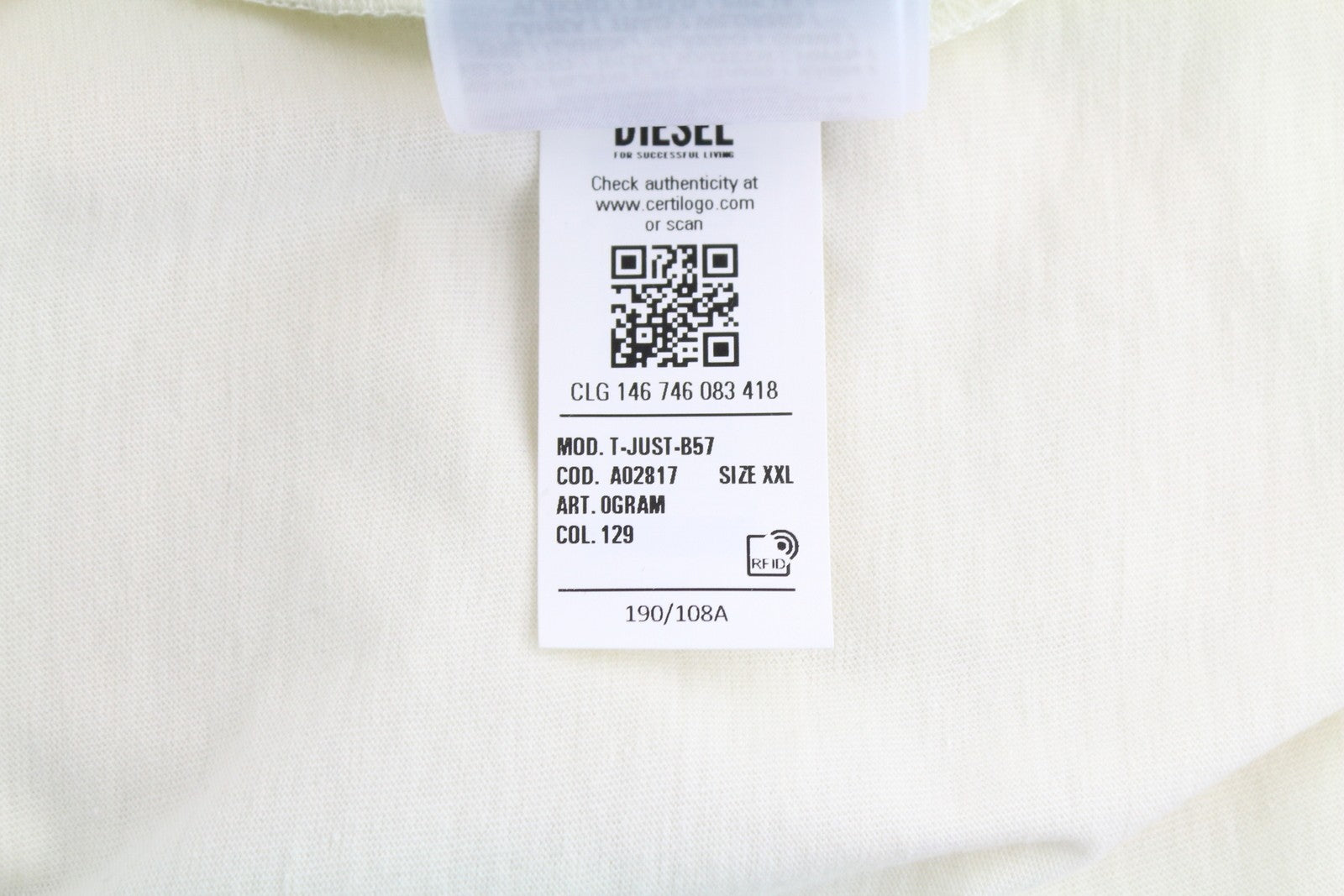 DIESEL T-Just-B57 Men's T-Shirt 2XL White Embroidered Tricot Crew