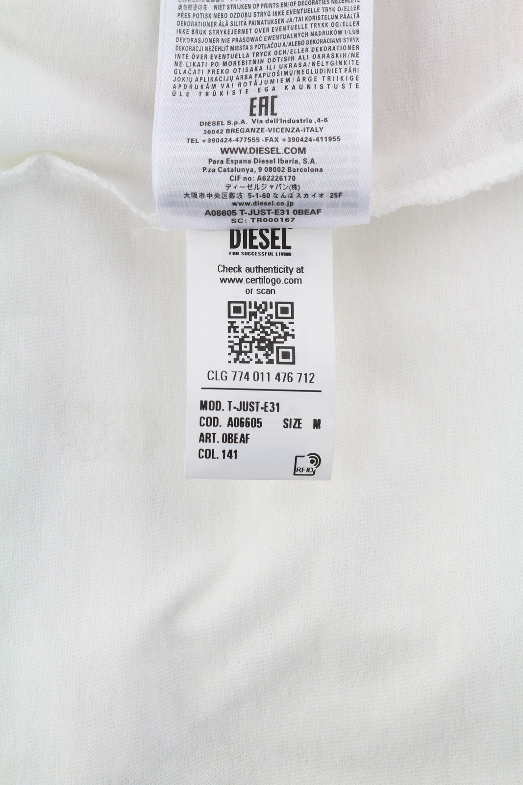 DIESEL T-Just-E31 Men's T-Shirt M White Stretch Cotton Crew