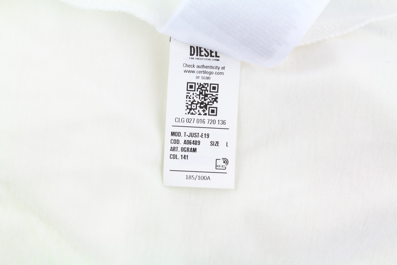 DIESEL T-Just-E19 Men's T-Shirt L White Stretch Tricot Crew