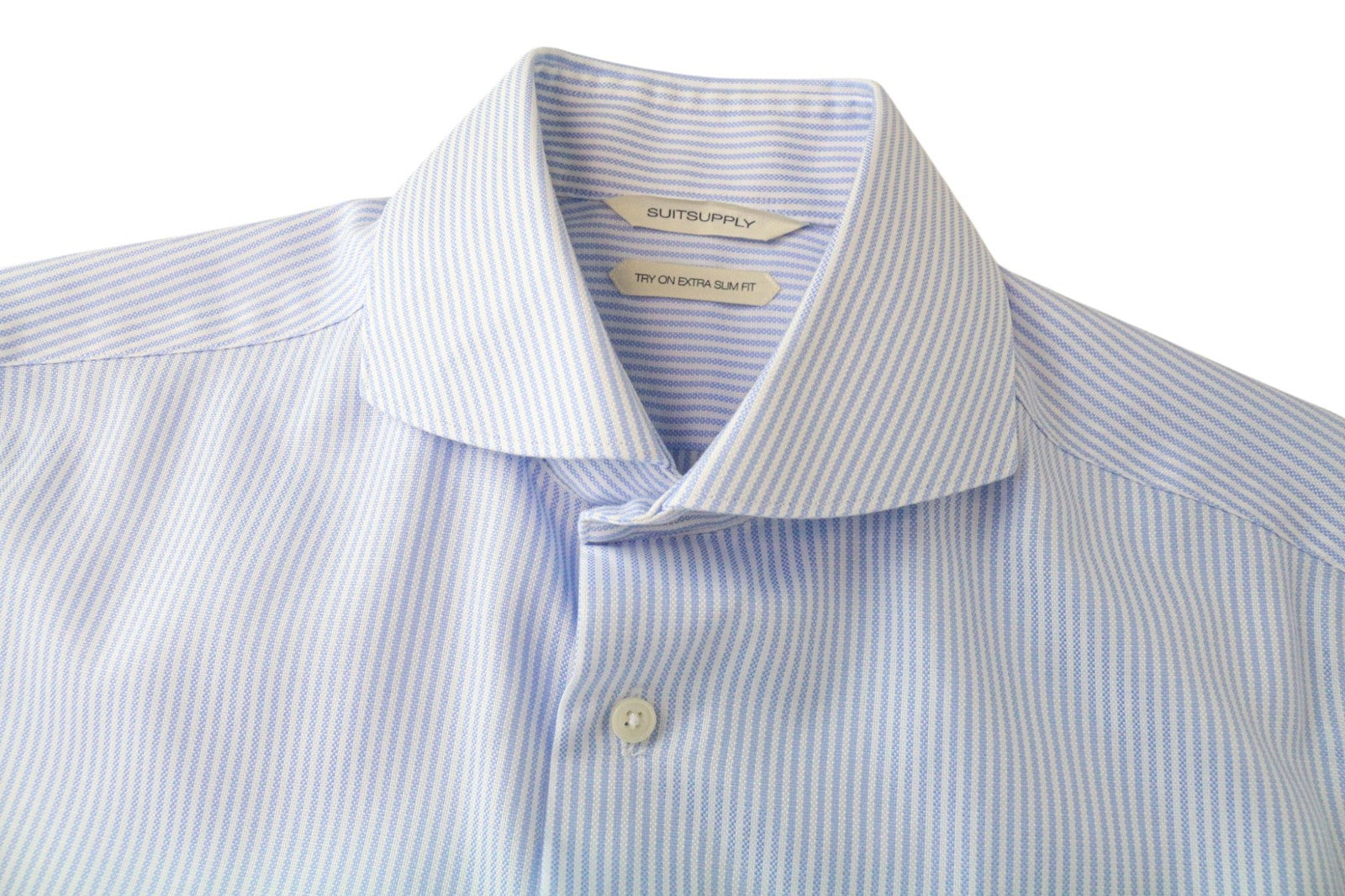 SUITSUPPLY Men's Shirt 38/15 Extra Slim Blue Striped Cotton Pattern Twill