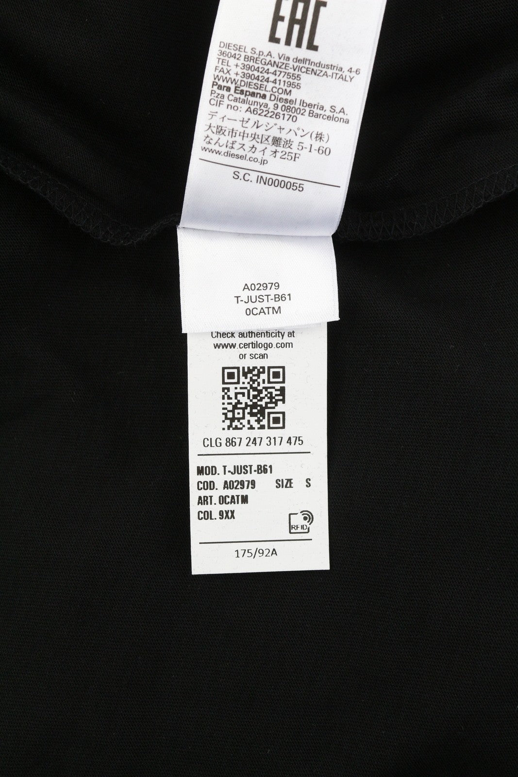 DIESEL T-Just-B61 Men's T-Shirt S Black Soft Stretch Crew Neck Short Sleeved