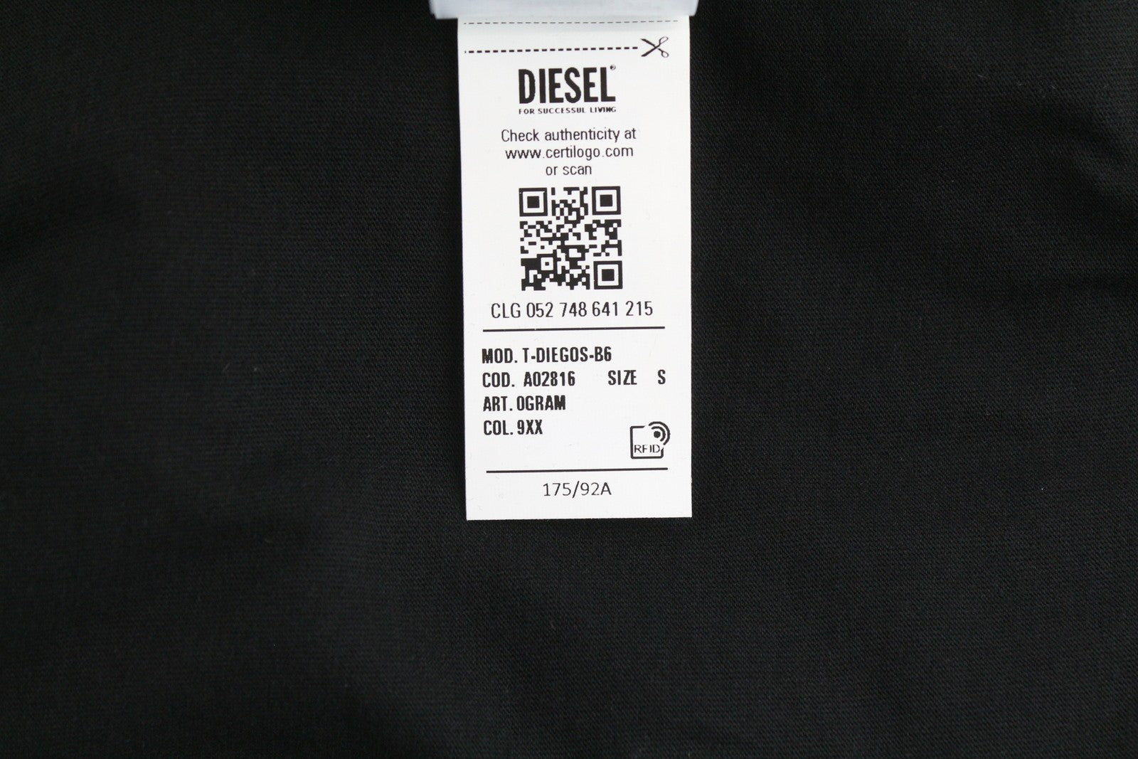 DIESEL T-Diegos-B6 Men's T-Shirt S Black Elastic Cotton Tricot Short Sleeved