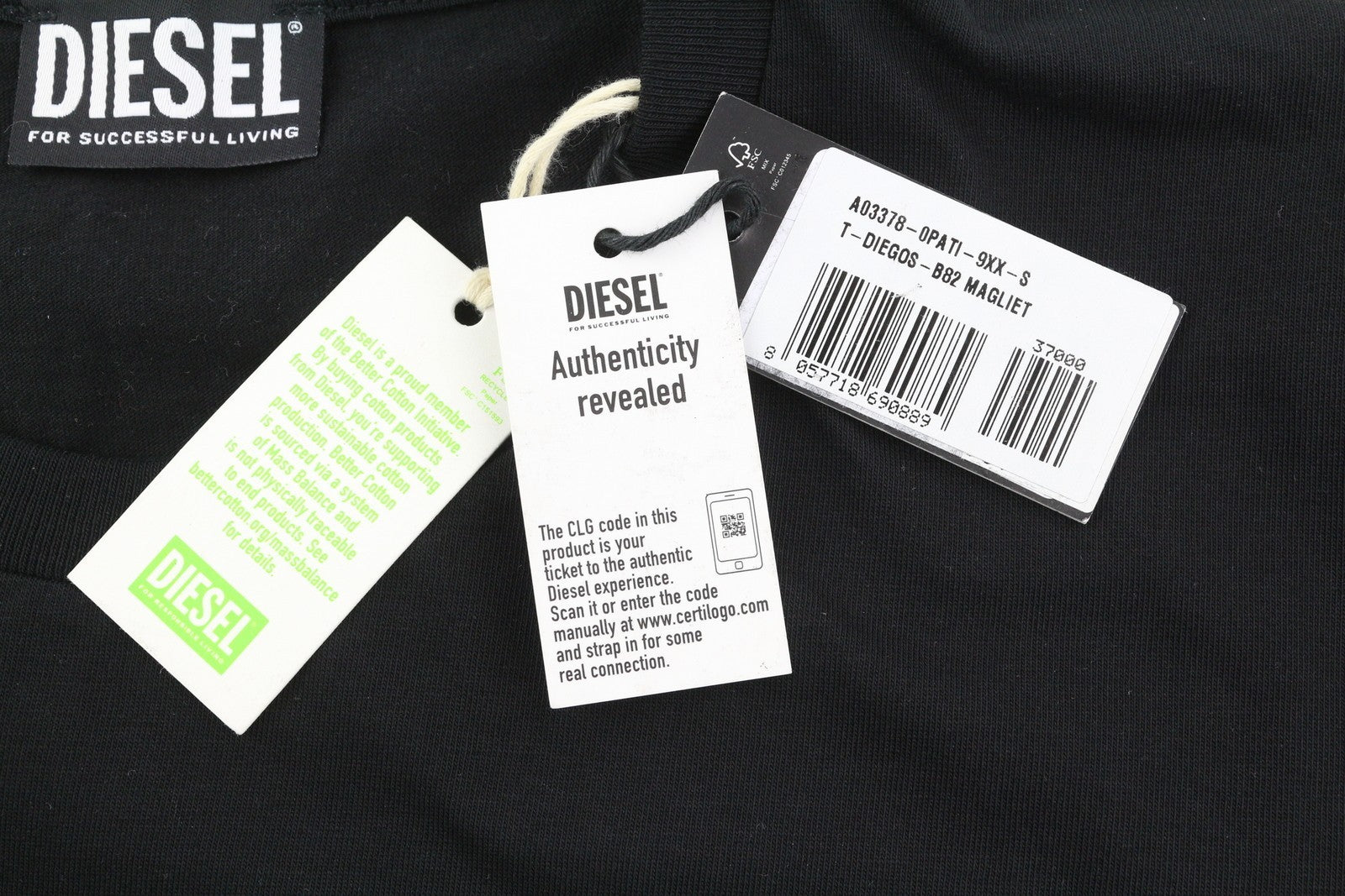 DIESEL T-Diegos-B82 Men's T-Shirt S Black Stretch Tricot Crew Neck Short Sleeve