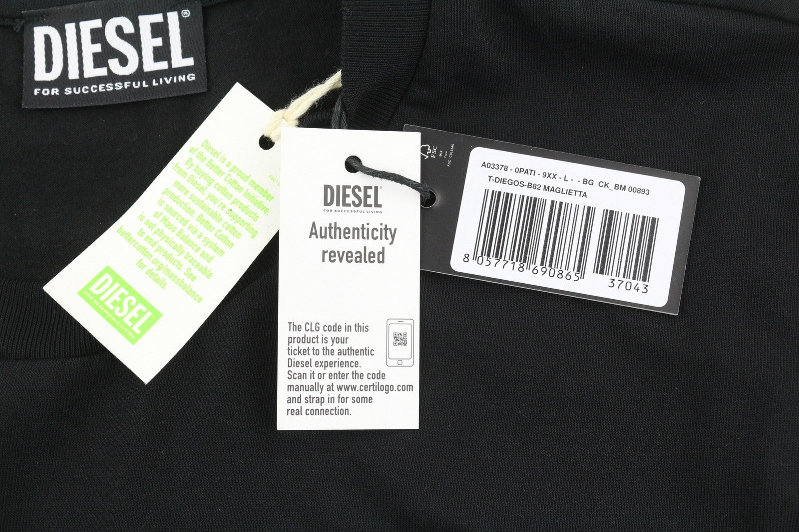 DIESEL T-Diegos-B82 Men's T-Shirt L Black Tricot Stretch Crew Short Sleeve