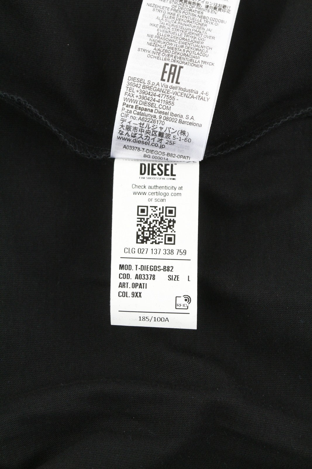 DIESEL T-Diegos-B82 L Men T-Shirt Black Tricot Stretchy Crew Neck Short Sleeve