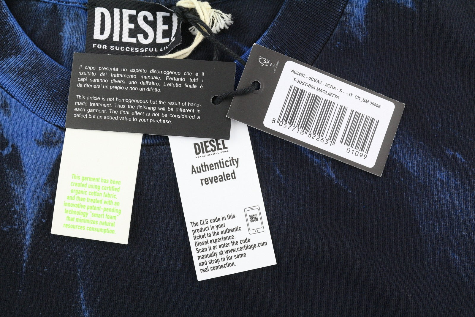 DIESEL T-Just-B84 S Men T-Shirt Black Tricot Stretch Crew Collar Short Sleeved