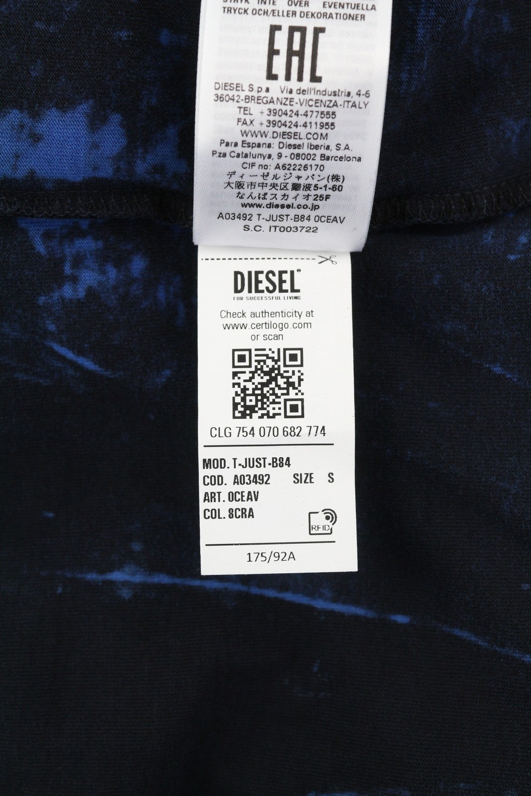 DIESEL T-Just-B84 S Men T-Shirt Black Tricot Stretch Crew Collar Short Sleeved