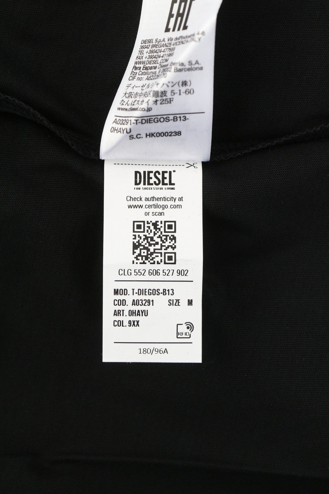DIESEL T-Diegos-B13 Men's T-Shirt M Black Tricot Stretch Crew