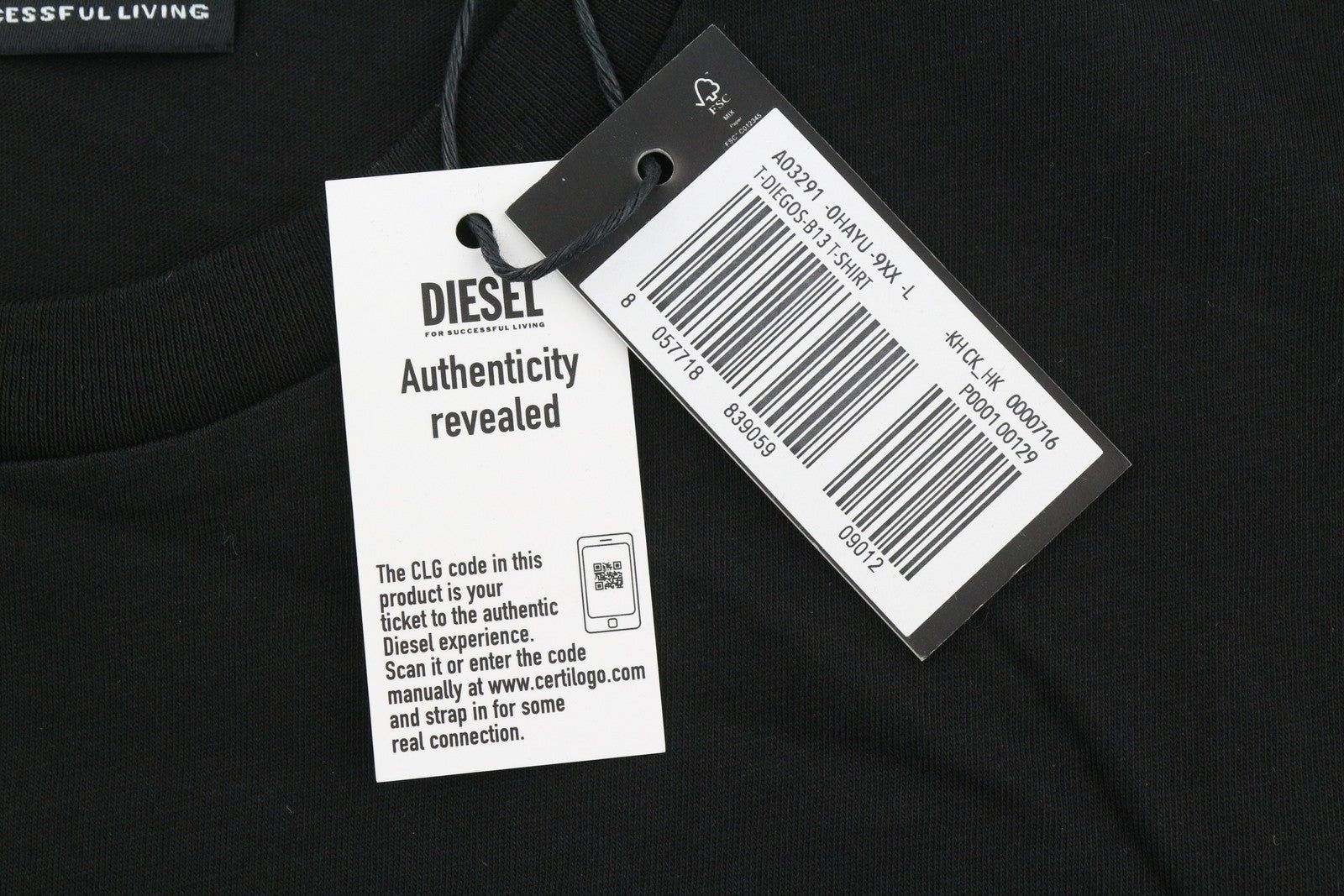 DIESEL T-Diegos-B13 L Men T-Shirt Black Tricot Stretchy Crew Neck Short Sleeve