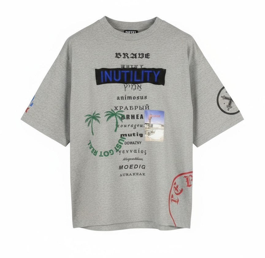 DIESEL T-Balm-B2 M Men T-Shirt Grey Melange Oversized Patterned Short Sleeve