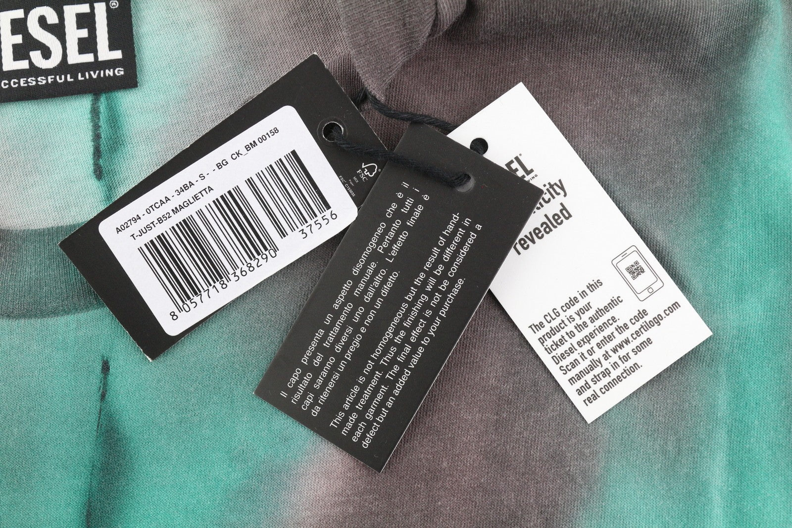 DIESEL T-Just-B52 S Men T-Shirt Short Sleeved Acid Wash Effect Crew Neck Logo