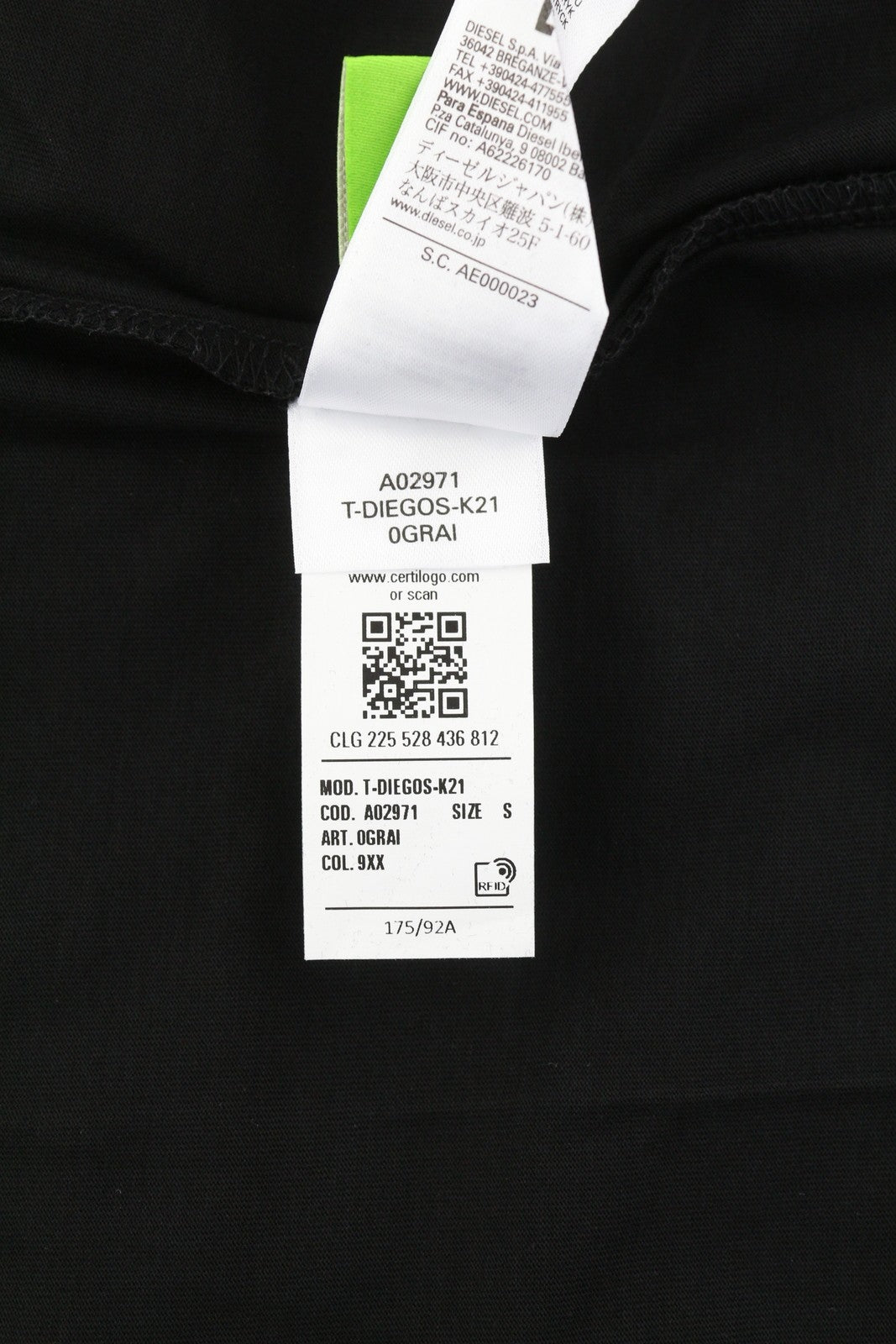 DIESEL T-Diegos-K21 S Men T-Shirt Black Tricot Stretch Short Sleeve Front Logo