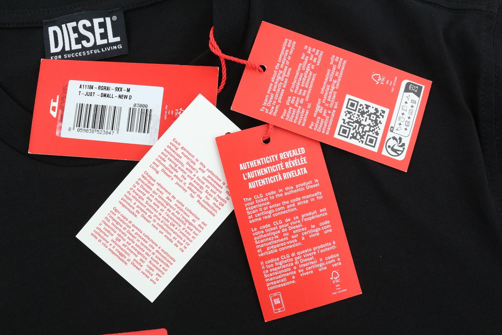 DIESEL T-Just-Small-New D Logo Men's T-Shirt M Black Tricot Front Logo