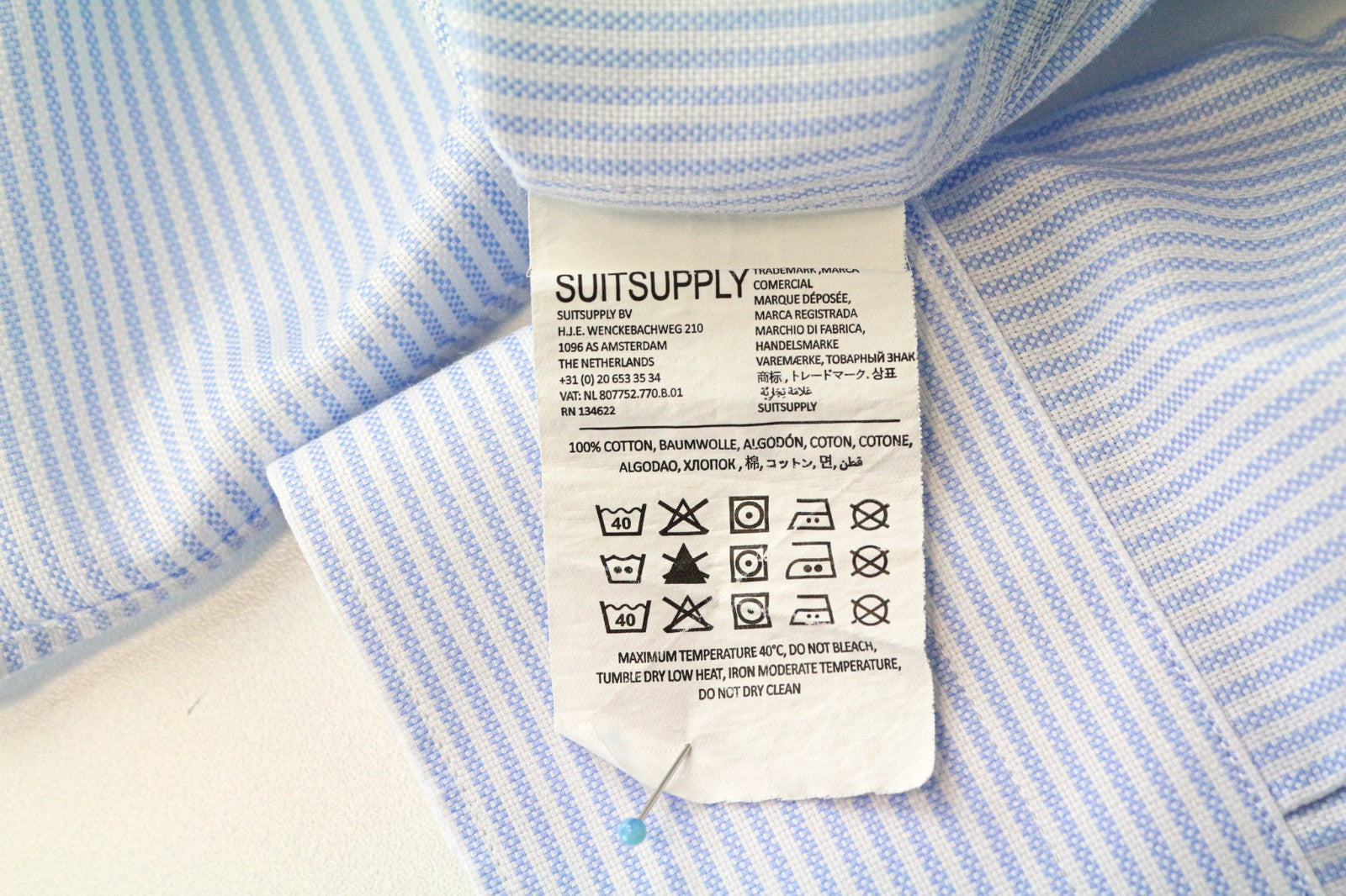 SUITSUPPLY Men's Shirt 37/14 1/2 Extra Slim Blue Striped Cotton Cutaway Collar