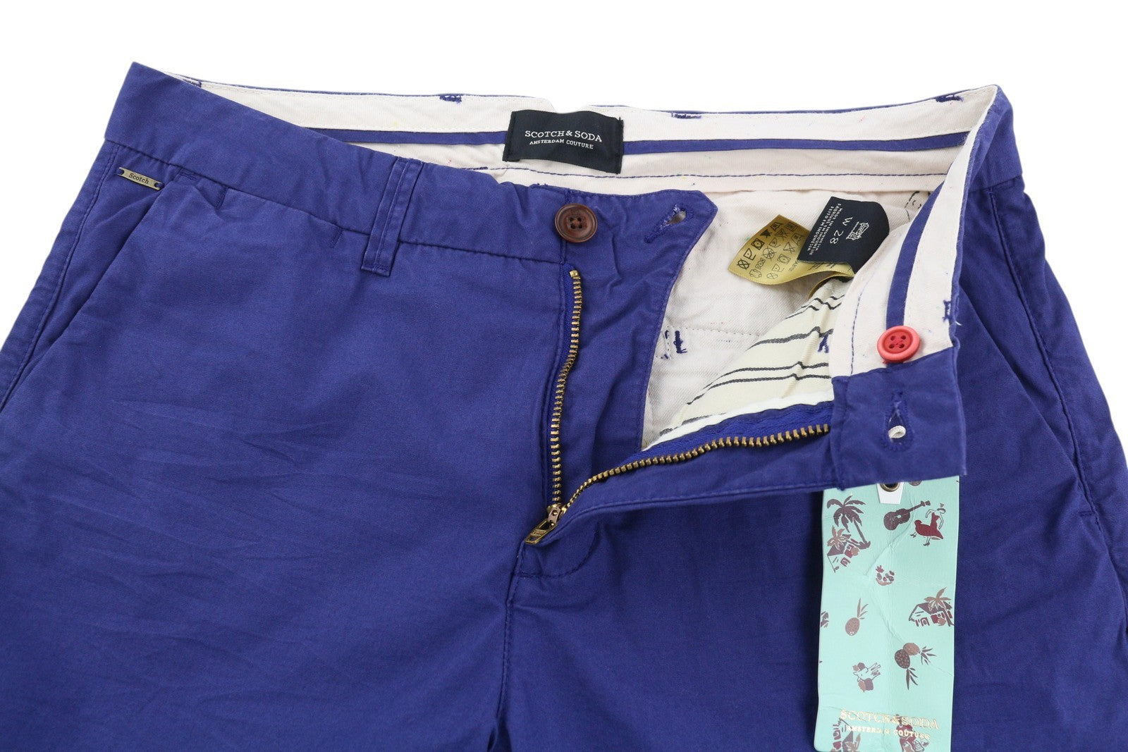 SCOTCH & SODA Men's Shorts W28 Blue Chino Zip Fly Logo Pocket Casual