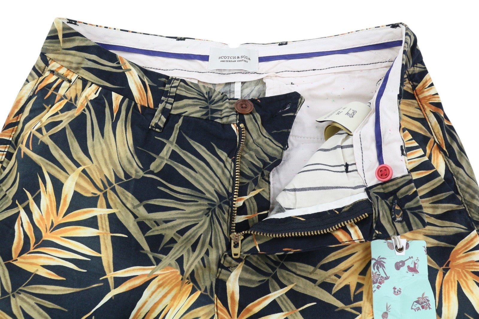 SCOTCH & SODA Men's Shorts W28 Dark Leaf Patterned Chino Zip Fly Casual