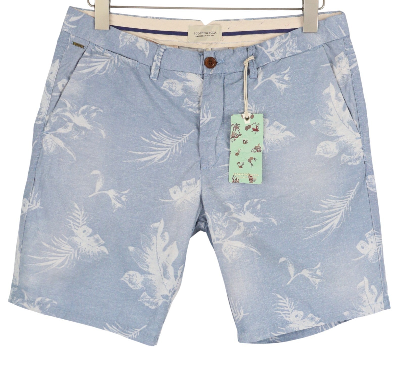 SCOTCH & SODA Men's Shorts W32 Blue Washed Leaf Print Chino Casual Logo