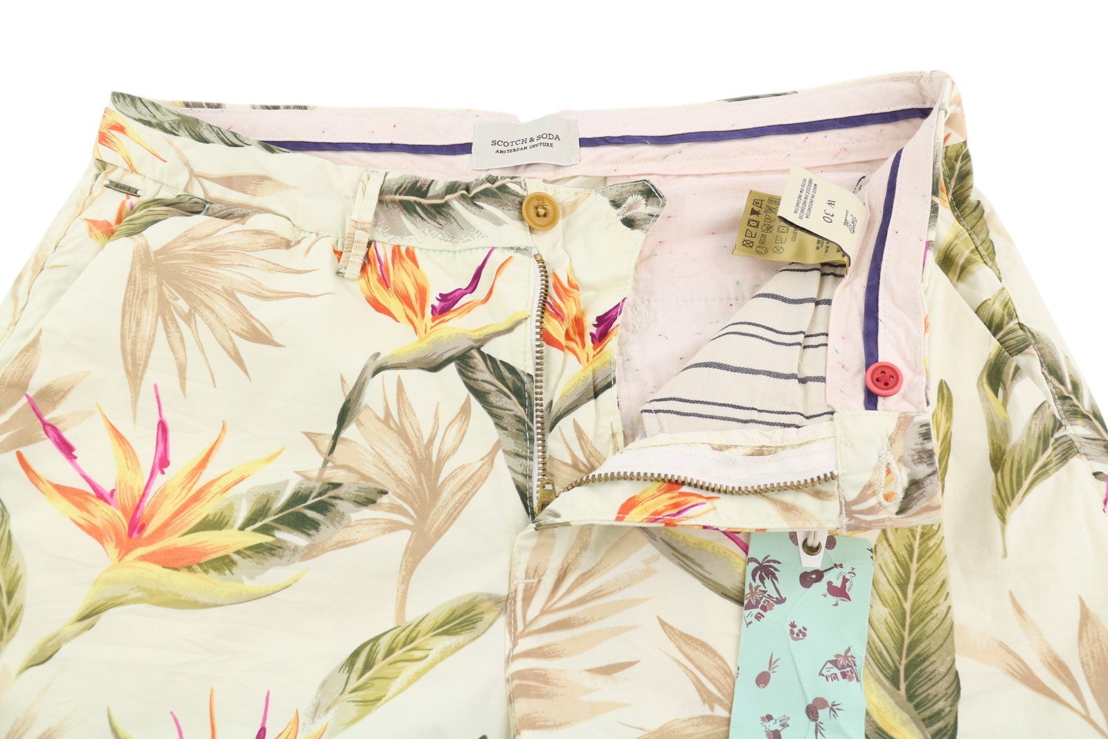 SCOTCH & SODA Men's Shorts W30 Colourful Leaf Pattern Chino Logo Casual