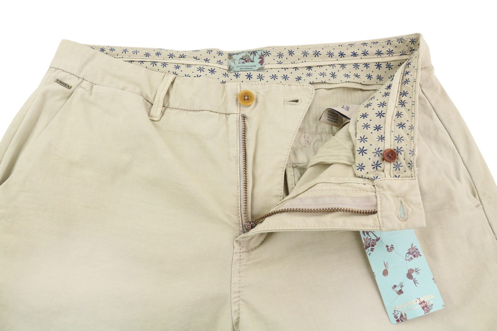 SCOTCH & SODA Men's Shorts W32 Brown Washed Chino Turn-Up Zip Fly Casual