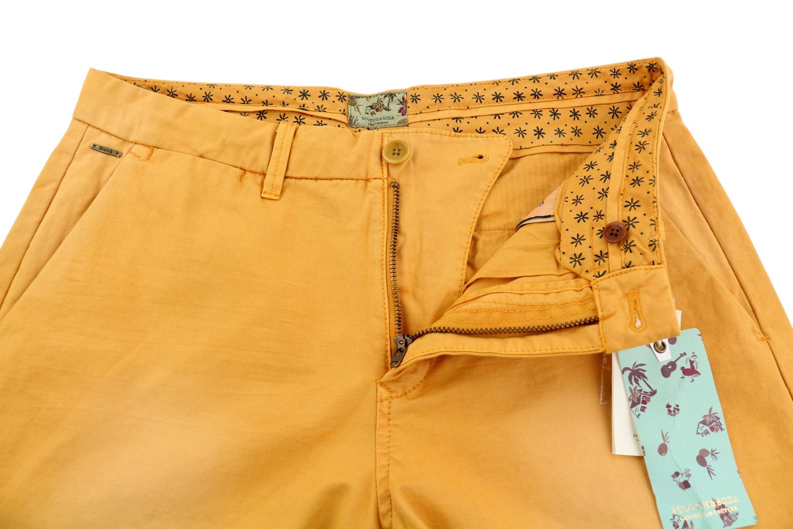 SCOTCH & SODA Men's Shorts W29 Orange Washed Chino Turn-Up Zip Fly