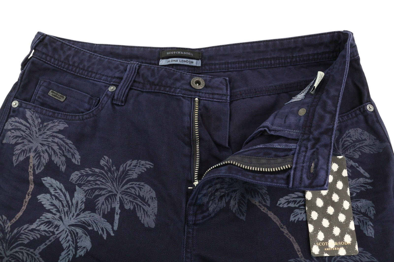 SCOTCH & SODA Men's Shorts W30 Denim Blue Palm Tree Print Zip Fly Casual