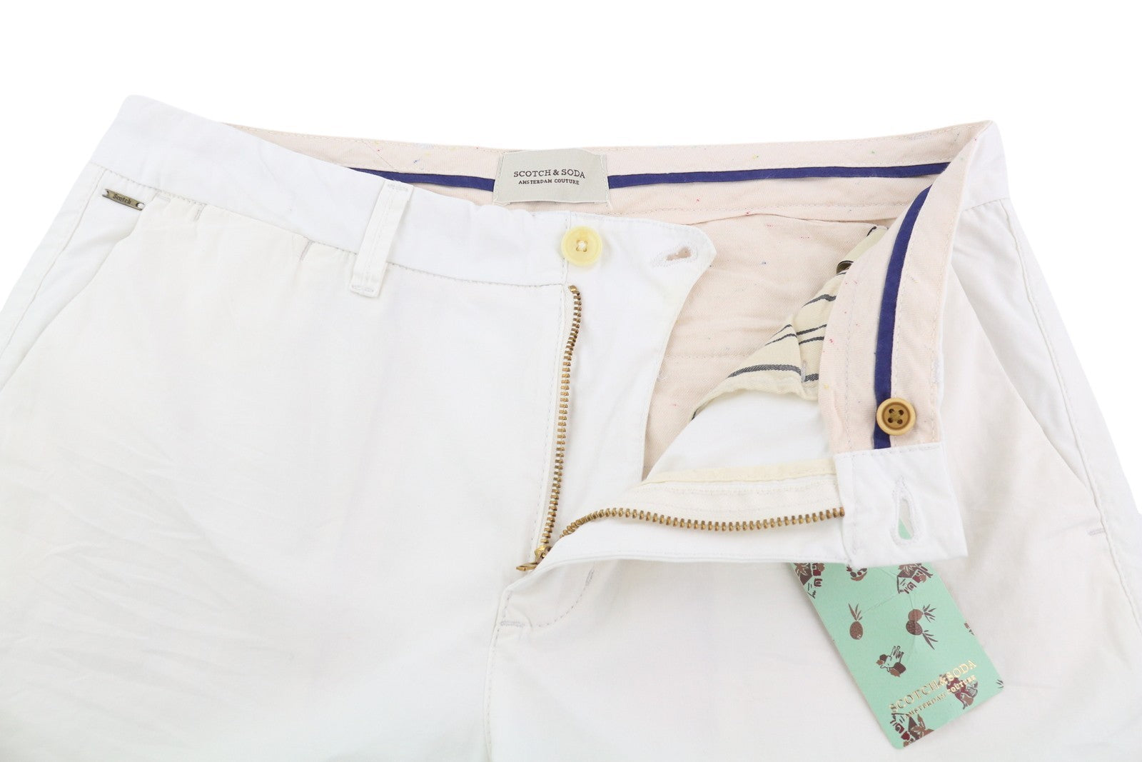 SCOTCH & SODA Men's Shorts W31 White Chino Zip Fly Logo Pocket Casual