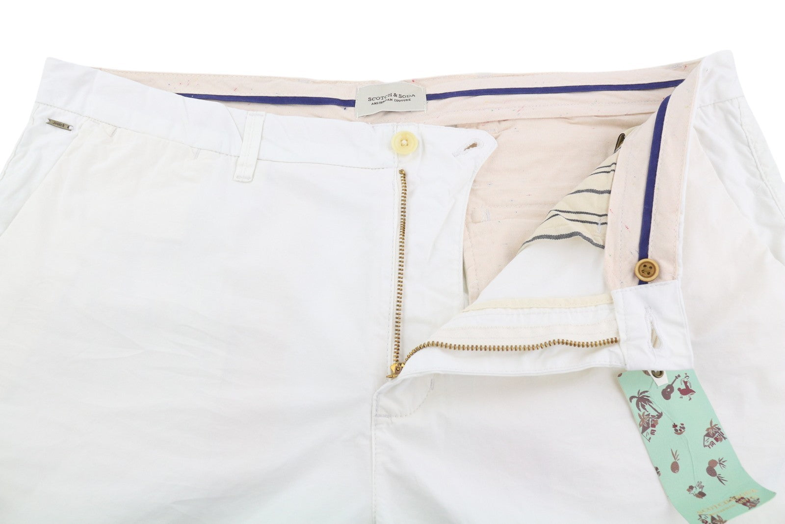 SCOTCH & SODA Men's Shorts W38 White Chino Zipper Logo 5-Pocket Casual